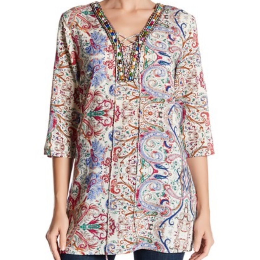 •Papillon• Embellished Bead Lace-Up Print Tunic